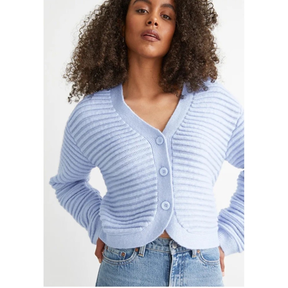 &Other Stories Baby Blue Chunky Cropped Wool Blend Old Money Preppy Cardigan‎ M